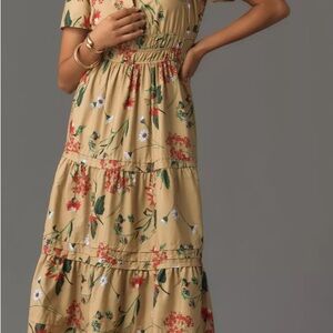 Anthropologie Floral Somerset Maxi Dress in Tan and Red